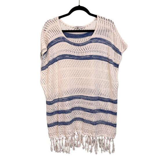 Cupcakes & Cashmere Tops - Cupcakes & Cashmere Pura Vida Top Womens S White Striped Open Knit Fringe Boho